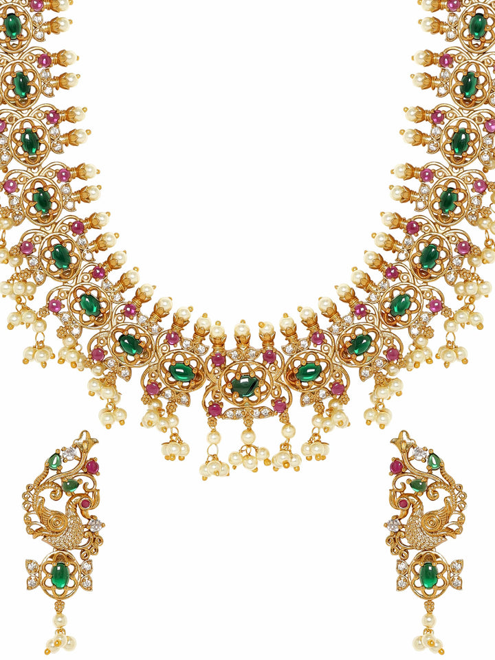 Rubans Opulent Gold Tone Temple Necklace Set with Multicolored Stones Jewellery Sets