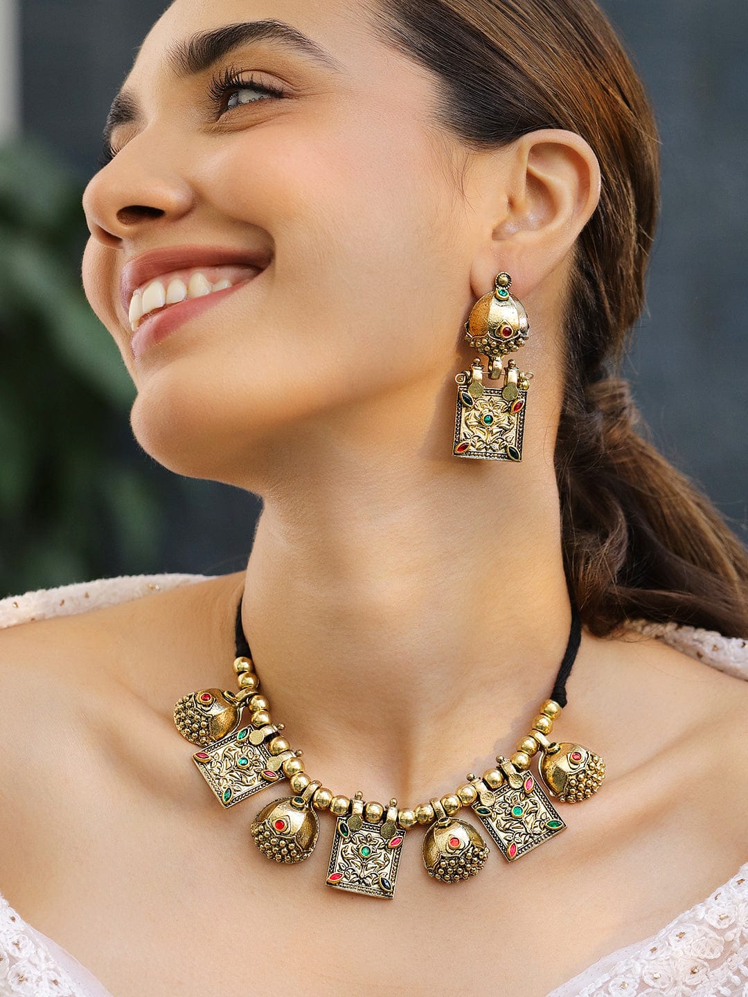 Rubans Oxidised Antique Gold-Plated Tribal Necklace Set with Dome Accents & Red-Green Stones for Women Necklaces, Necklace Sets, Chains & Mangalsutra