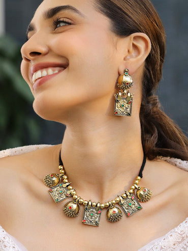 Rubans Oxidised Antique Gold-Plated Tribal Necklace Set with Dome Accents & Red-Green Stones for Women Necklaces, Necklace Sets, Chains & Mangalsutra