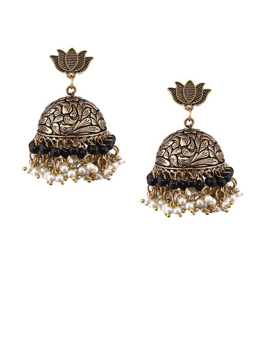 Rubans oxidised gold toned lotus contemporary jhumka earrings Earrings