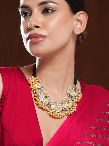 Rubans Oxidised Silver & 22K Gold-Plated Multicolored Stone Studded Traditional Necklace Necklace and Chains