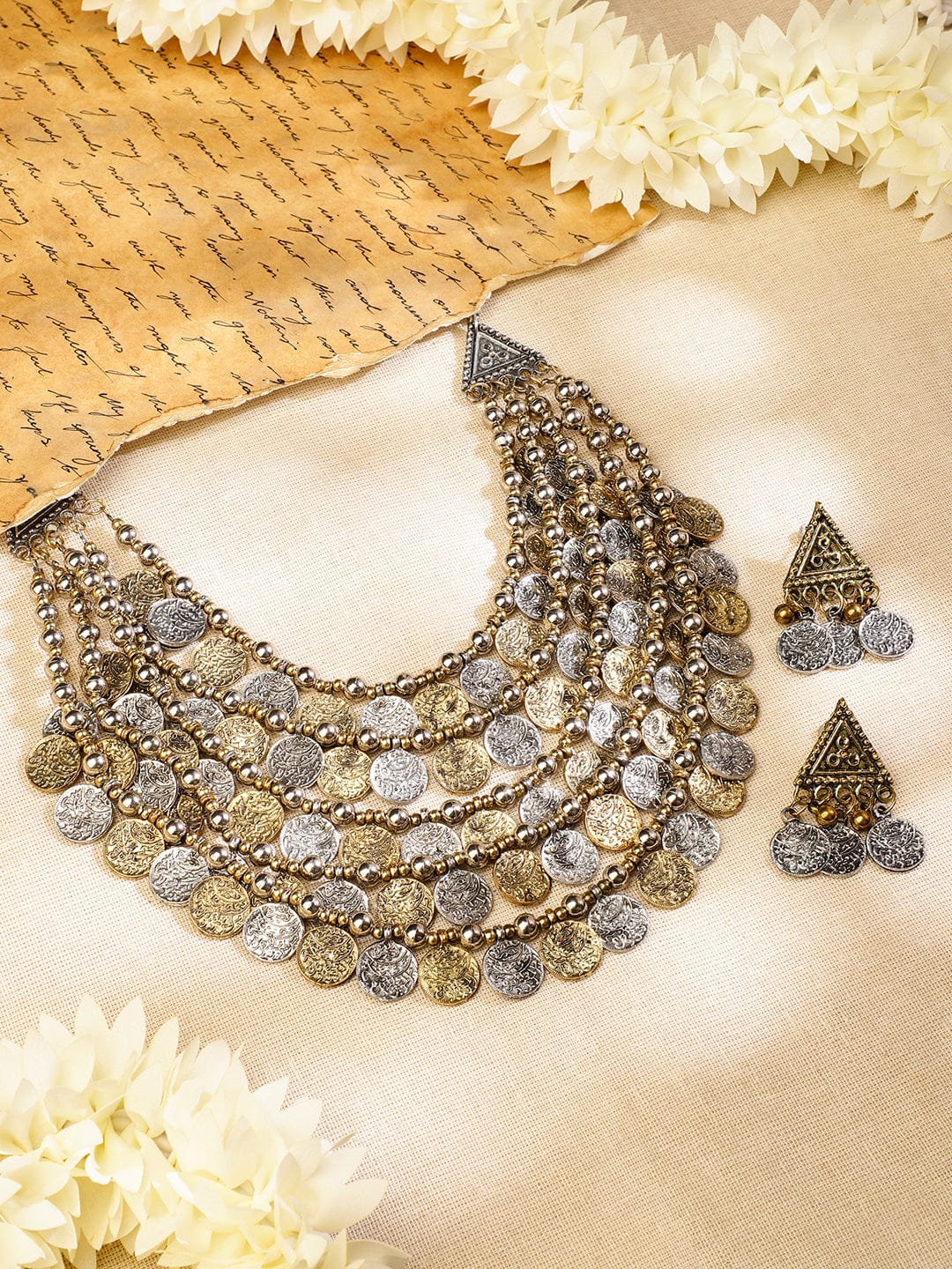 Rubans Oxidised Silver & Gold Dual-Plated Multilayer Coin Statement Necklace Set for Women Jewellery Set