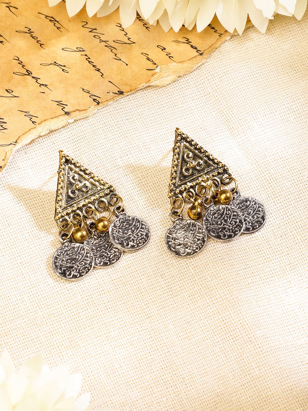 Rubans Oxidised Silver & Gold Dual-Plated Multilayer Coin Statement Necklace Set for Women Jewellery Set