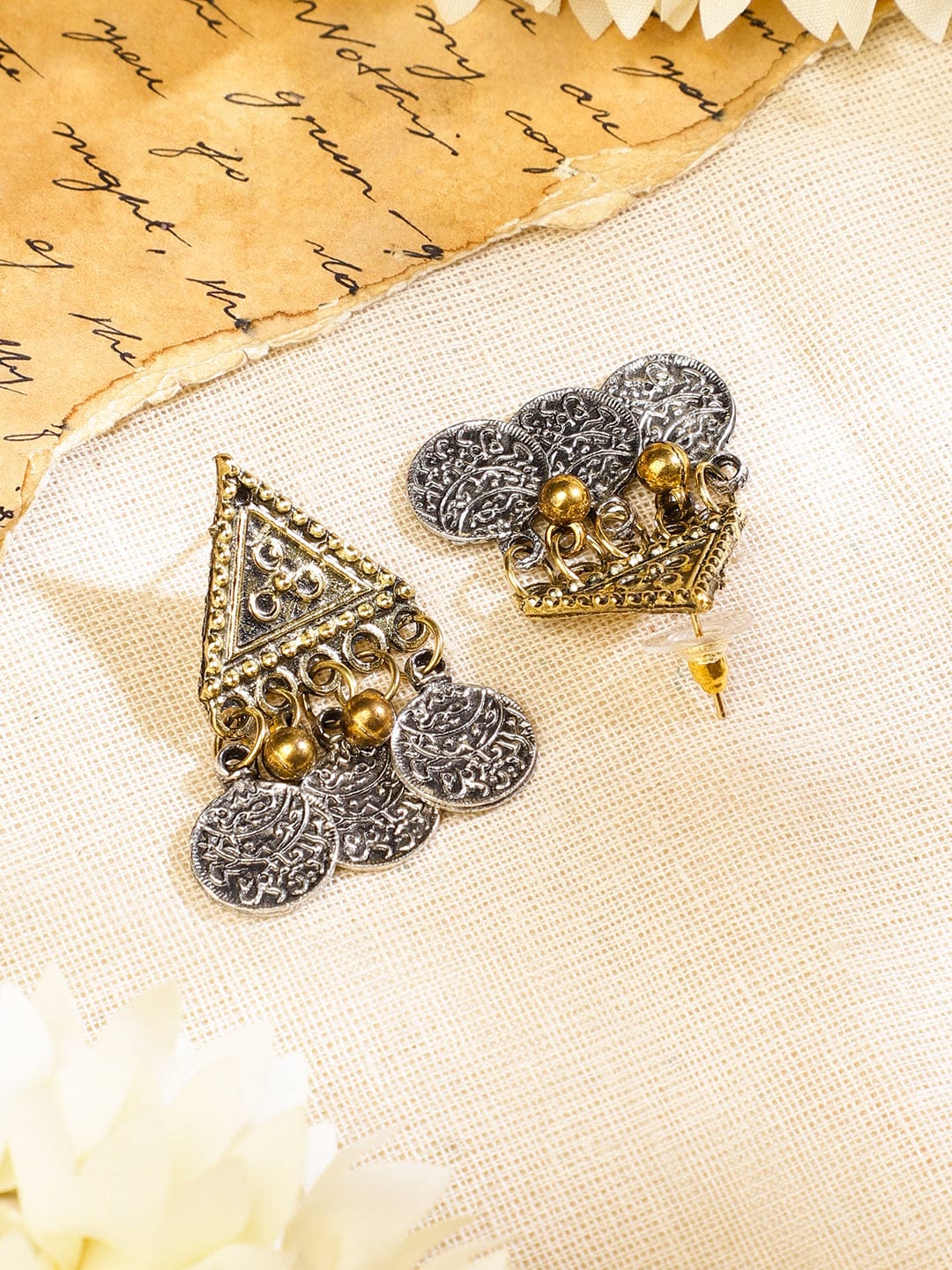 Rubans Oxidised Silver & Gold Dual-Plated Multilayer Coin Statement Necklace Set for Women Jewellery Set