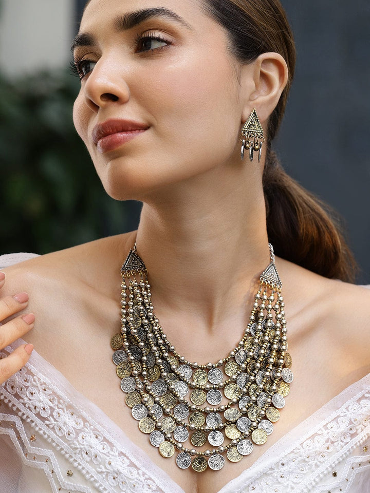 Rubans Oxidised Silver & Gold Dual-Plated Multilayer Coin Statement Necklace Set for Women Jewellery Set