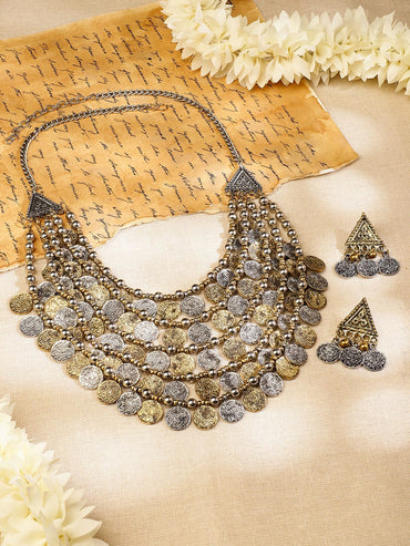 Rubans Oxidised Silver & Gold Dual-Plated Multilayer Coin Statement Necklace Set for Women Jewellery Set