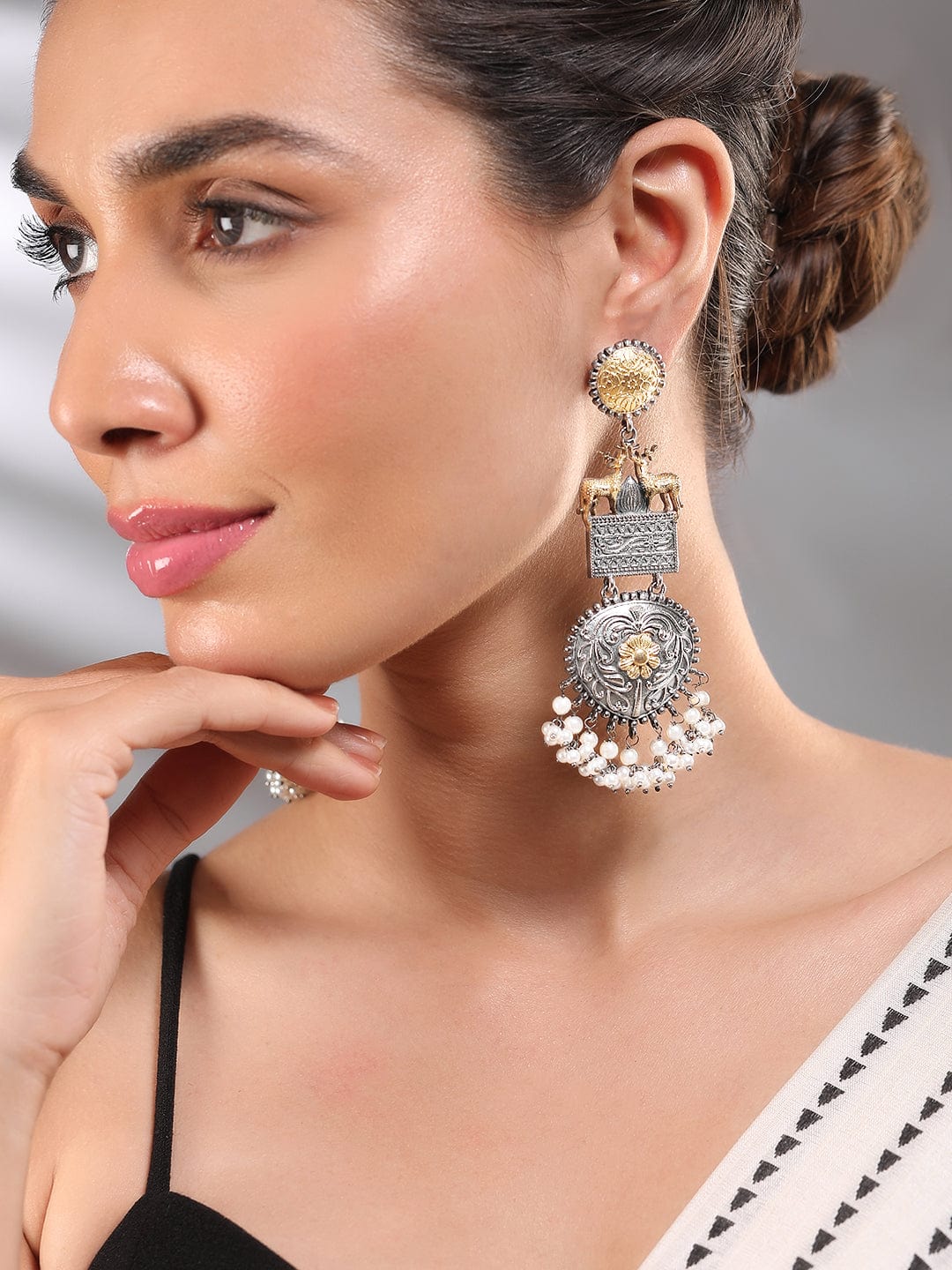 Rubans Oxidised Silver & Gold-Plated Dual-Tone Deer Motif Chandelier with Pearl Drops Chandelier Earrings