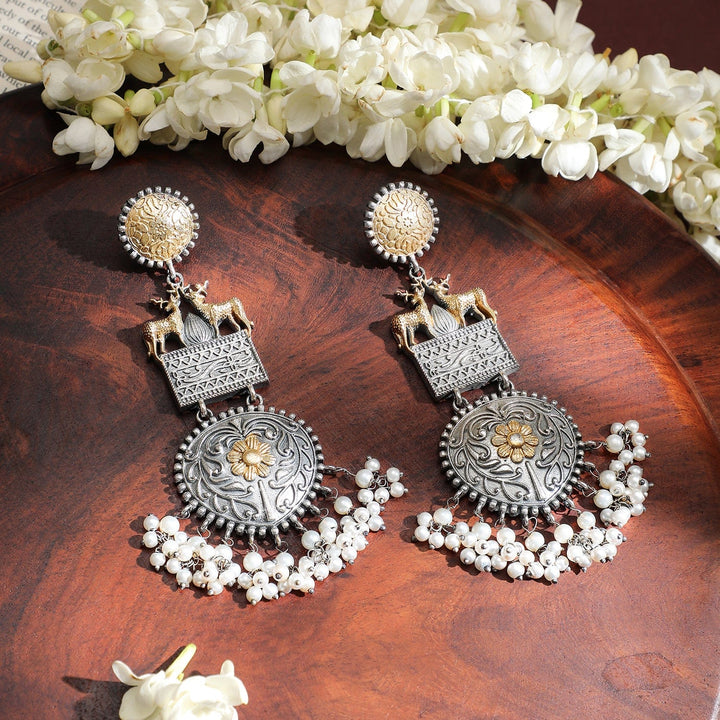 Rubans Oxidised Silver & Gold-Plated Dual-Tone Deer Motif Chandelier with Pearl Drops Chandelier Earrings