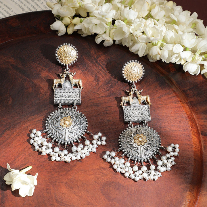 Rubans Oxidised Silver & Gold-Plated Dual-Tone Deer Motif Chandelier with Pearl Drops Chandelier Earrings