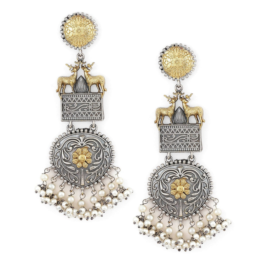 Rubans Oxidised Silver & Gold-Plated Dual-Tone Deer Motif Chandelier with Pearl Drops Chandelier Earrings