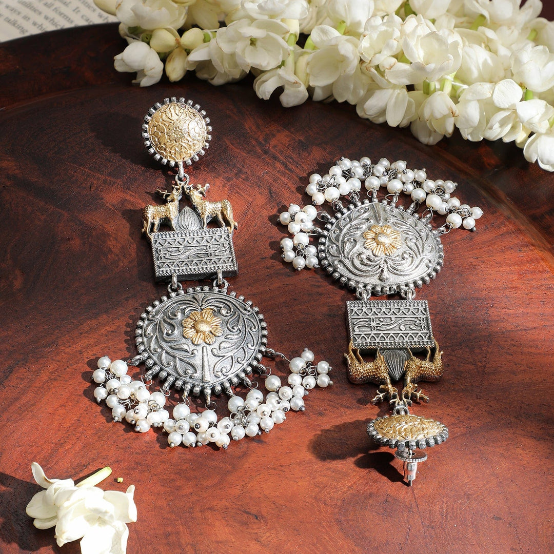 Rubans Oxidised Silver & Gold-Plated Dual-Tone Deer Motif Chandelier with Pearl Drops Chandelier Earrings