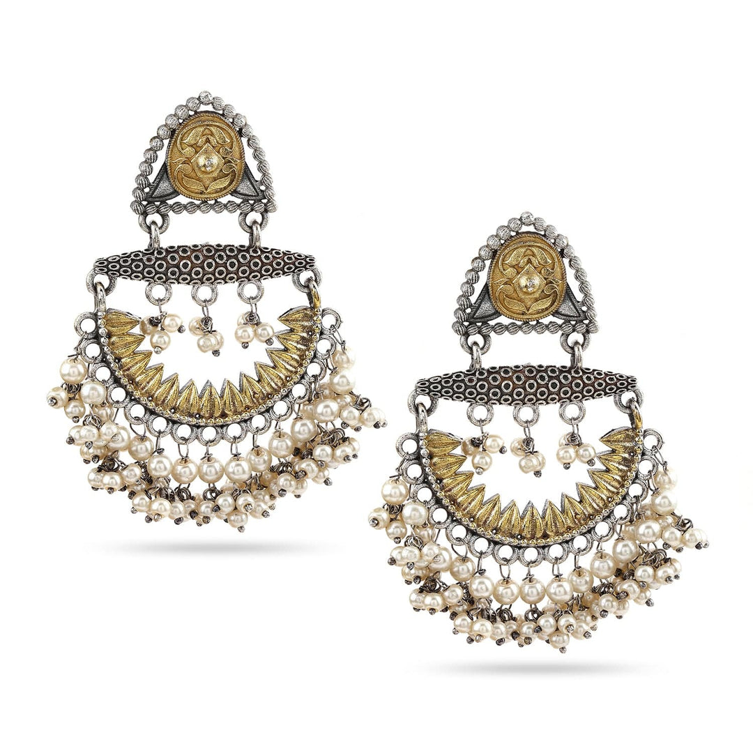 Rubans Oxidised Silver & Gold-Plated Dual-Tone Statement Chandelier with Pearl Drops Chandelier Earrings