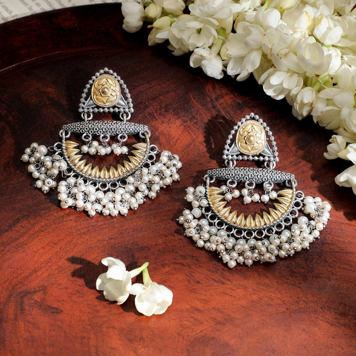 Rubans Oxidised Silver & Gold-Plated Dual-Tone Statement Chandelier with Pearl Drops Chandelier Earrings