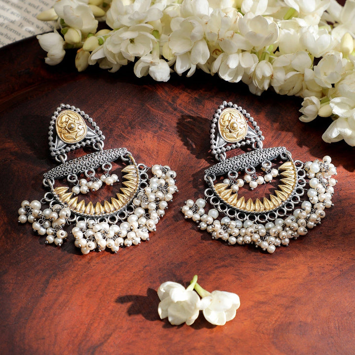 Rubans Oxidised Silver & Gold-Plated Dual-Tone Statement Chandelier with Pearl Drops Chandelier Earrings