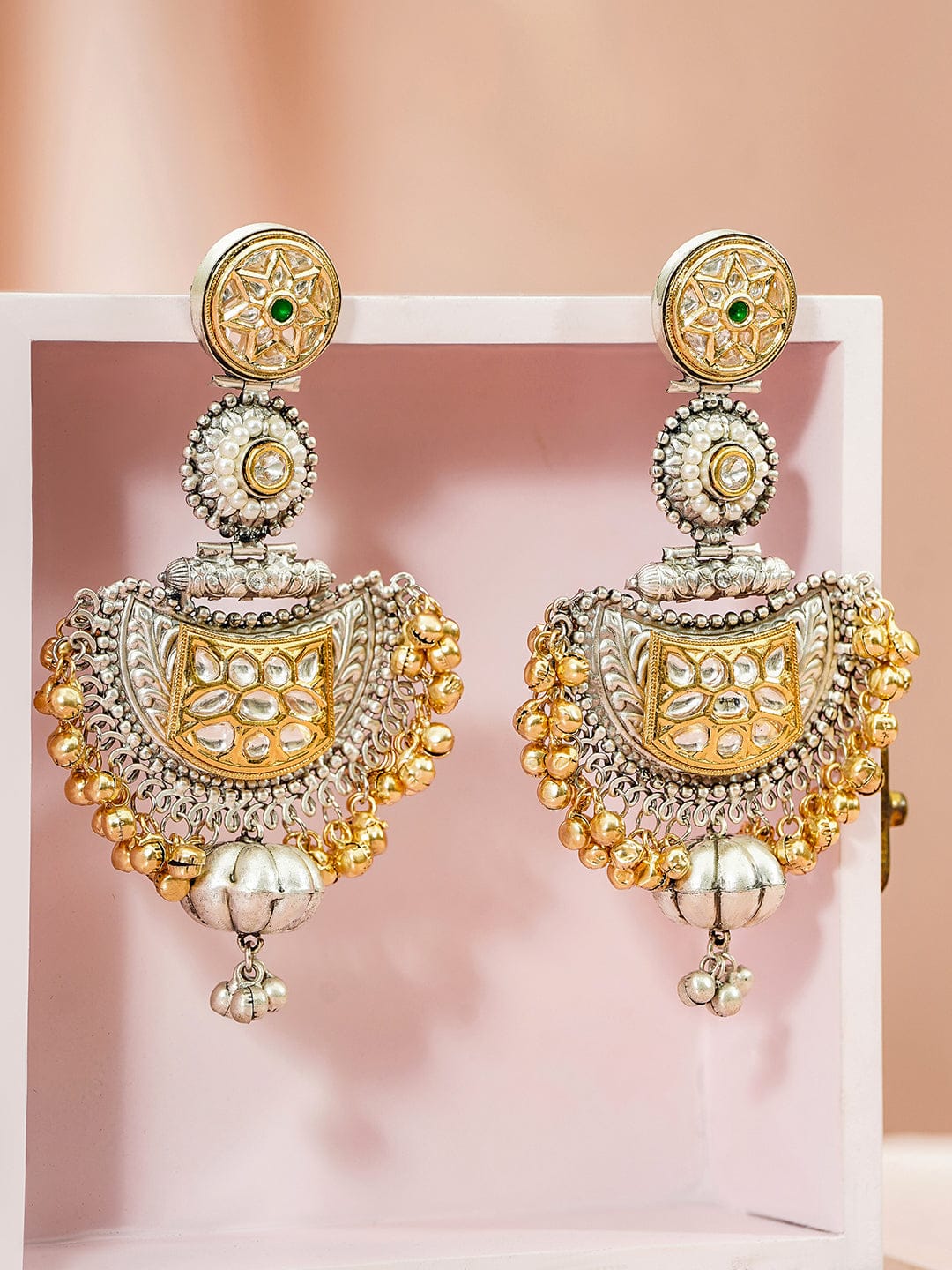 Rubans Oxidised Silver & Gold-Plated White & Green Kundan & Gold Beads Oversized Chandbali Earrings Earrings