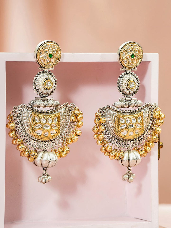 Rubans Oxidised Silver & Gold-Plated White & Green Kundan & Gold Beads Oversized Chandbali Earrings Earrings