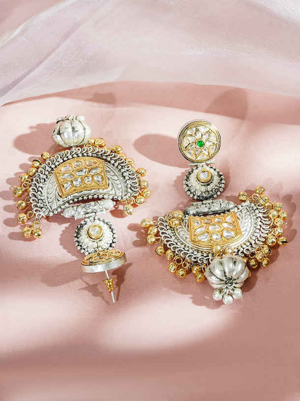 Rubans Oxidised Silver & Gold-Plated White & Green Kundan & Gold Beads Oversized Chandbali Earrings Earrings