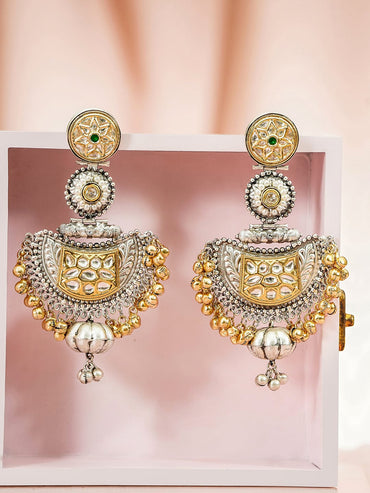 Rubans Oxidised Silver & Gold-Plated White & Green Kundan & Gold Beads Oversized Chandbali Earrings Earrings