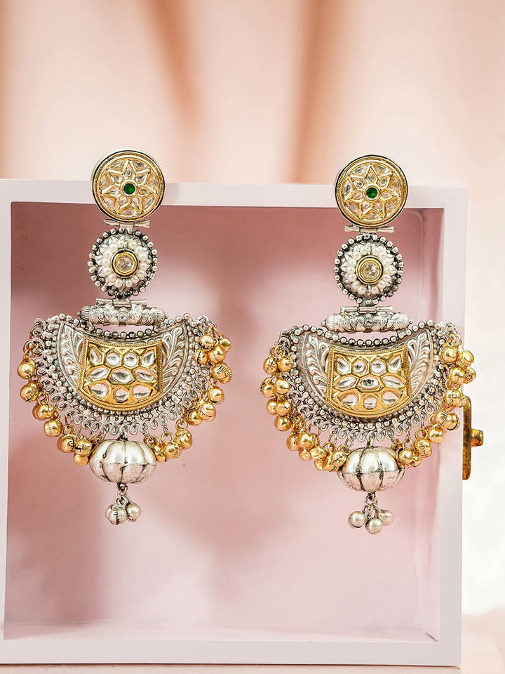 Rubans Oxidised Silver & Gold-Plated White & Green Kundan & Gold Beads Oversized Chandbali Earrings Earrings