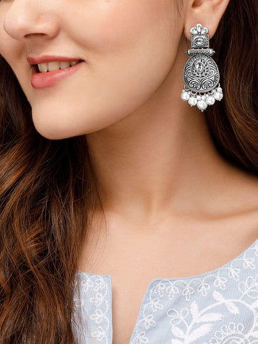 Rubans Oxidised Silver-Plated Antique Design Earrings with White Pearl Drops Earrings