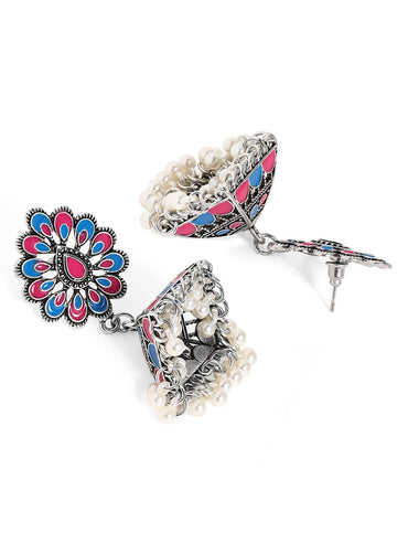 Rubans Oxidised Silver-Plated Blue & Pink Enamel Studded Floral Jhumka Earrings with Pearls Earrings