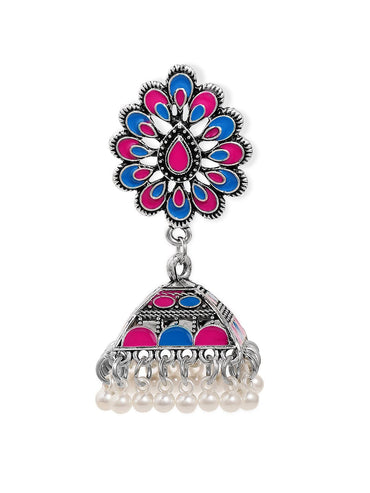 Rubans Oxidised Silver-Plated Blue & Pink Enamel Studded Floral Jhumka Earrings with Pearls Earrings