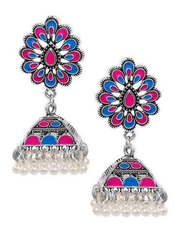 Rubans Oxidised Silver-Plated Blue & Pink Enamel Studded Floral Jhumka Earrings with Pearls Earrings