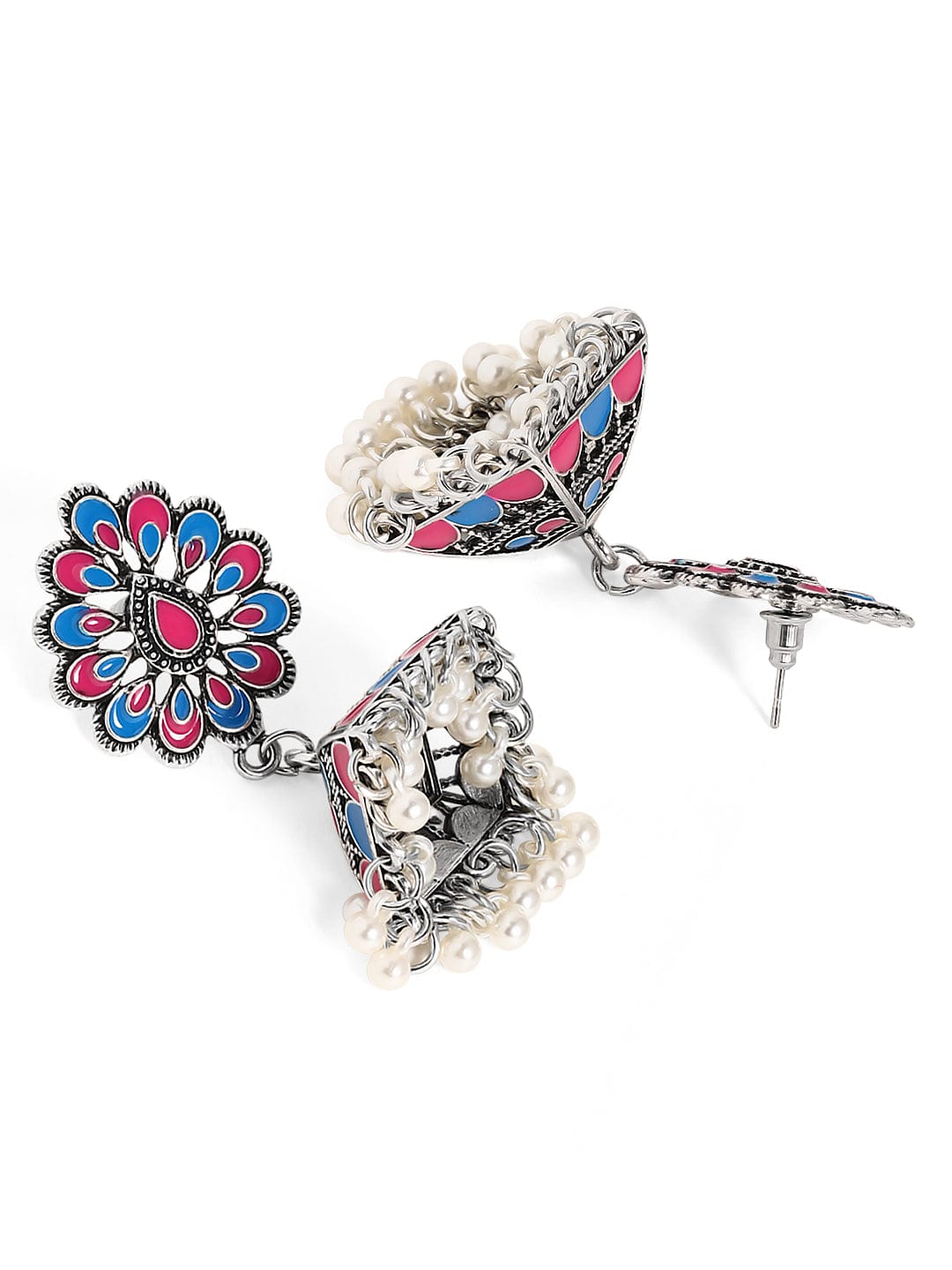 Rubans Oxidised Silver-Plated Blue & Pink Enamel Studded Floral Jhumka Earrings with Pearls Jhumka Earrings