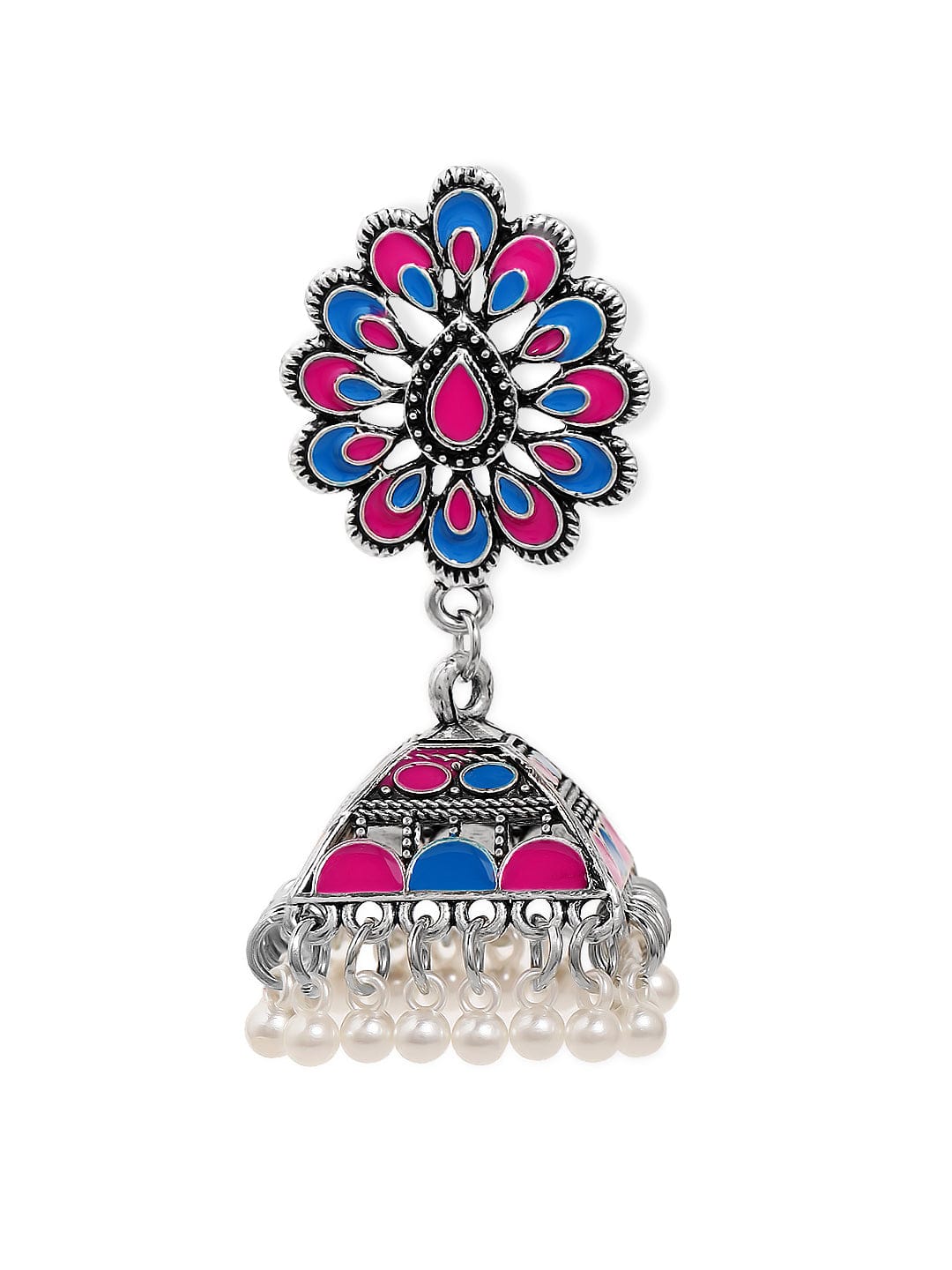 Rubans Oxidised Silver-Plated Blue & Pink Enamel Studded Floral Jhumka Earrings with Pearls Jhumka Earrings