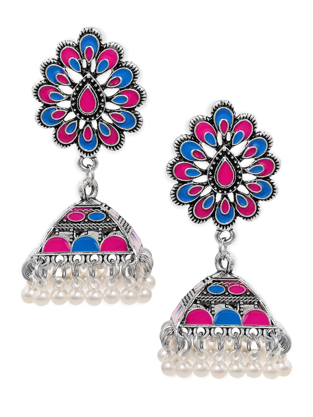 Rubans Oxidised Silver-Plated Blue & Pink Enamel Studded Floral Jhumka Earrings with Pearls Jhumka Earrings