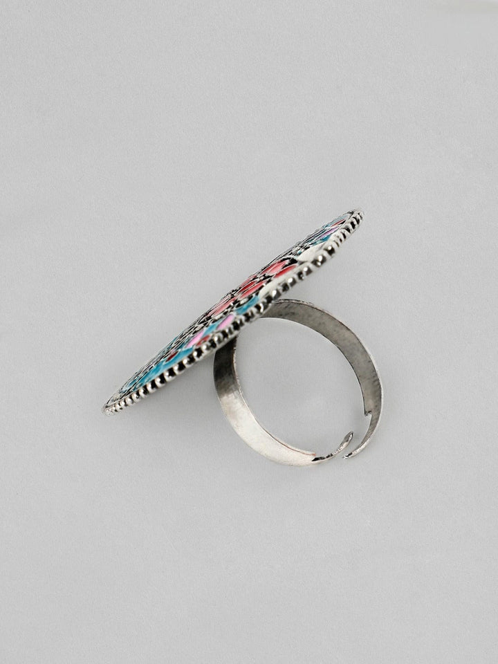 Rubans Oxidised Silver-Plated Blue  Red Enamelled Handcrafted Finger Ring Rings