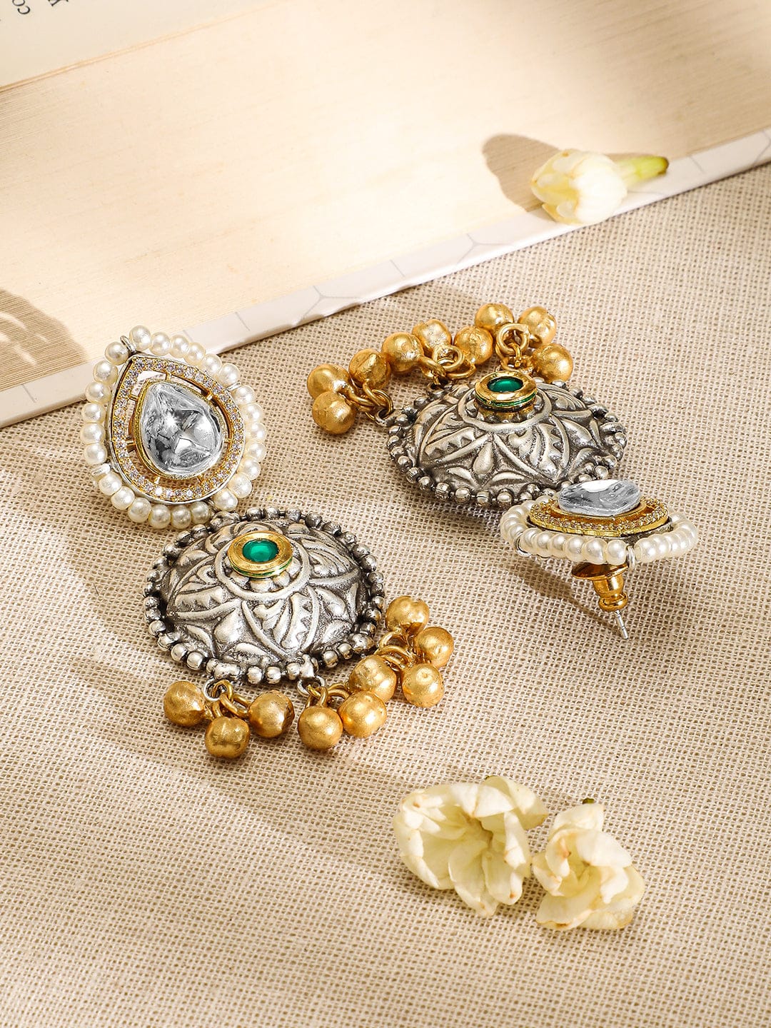 Rubans Oxidised Silver-Plated Choker Necklace Set with Ruby, Emerald, Pearl & Gold Beads Jewellery Set