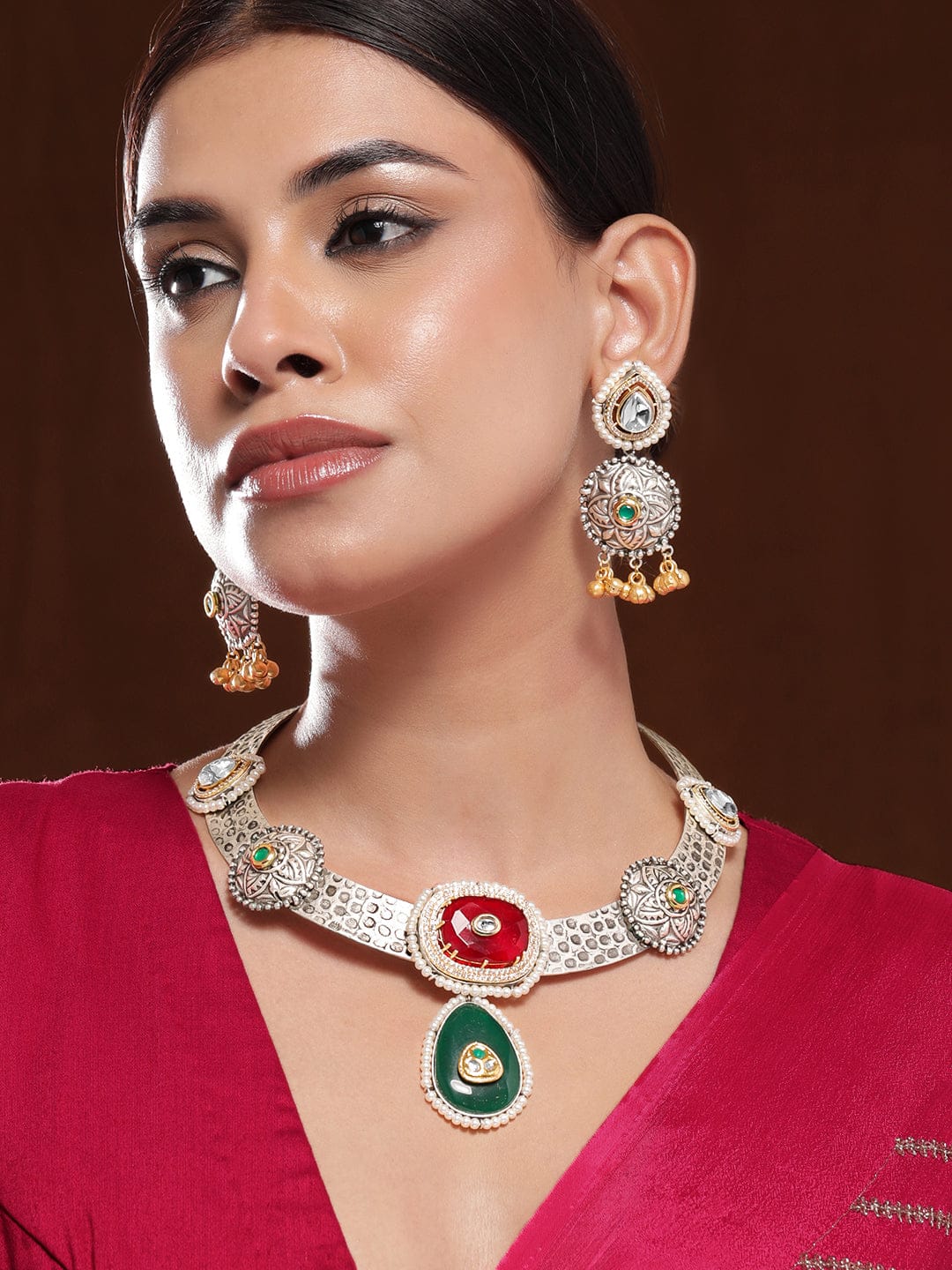 Rubans Oxidised Silver-Plated Choker Necklace Set with Ruby, Emerald, Pearl & Gold Beads Jewellery Set