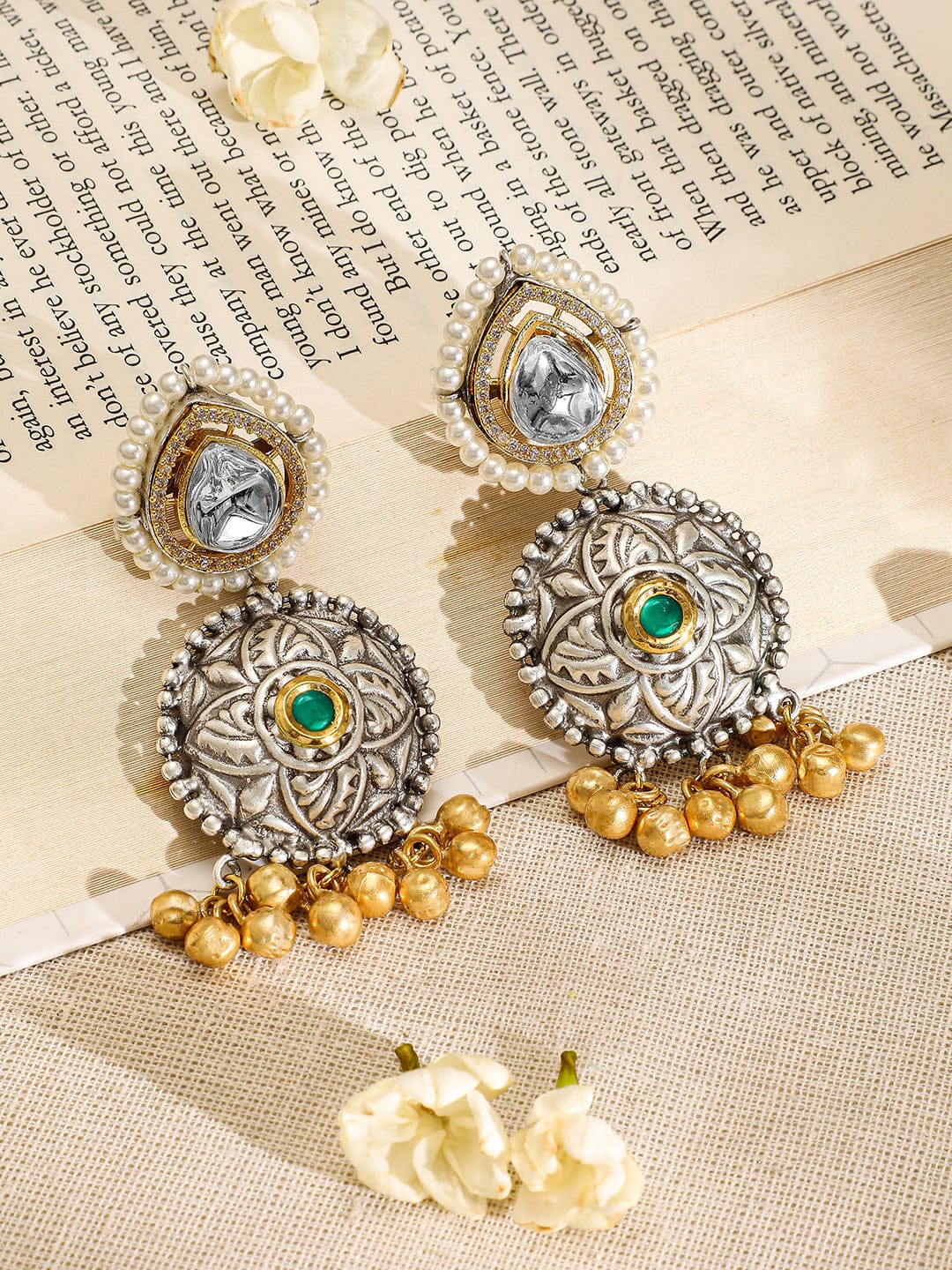 Rubans Oxidised Silver-Plated Choker Necklace Set with Ruby, Emerald, Pearl & Gold Beads Jewellery Set