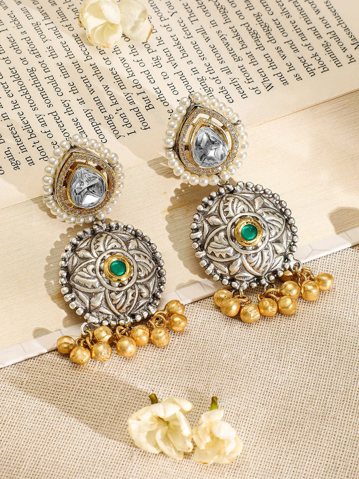 Rubans Oxidised Silver-Plated Choker Necklace Set with Ruby, Emerald, Pearl & Gold Beads Jewellery Set