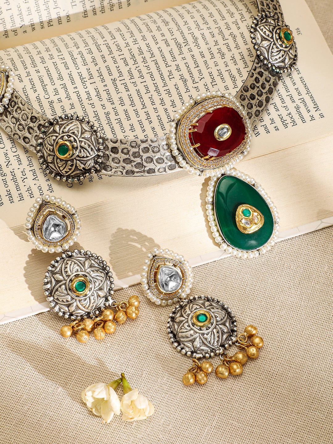 Rubans Oxidised Silver-Plated Choker Necklace Set with Ruby, Emerald, Pearl & Gold Beads Jewellery Set