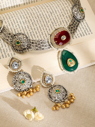 Rubans Oxidised Silver-Plated Choker Necklace Set with Ruby, Emerald, Pearl & Gold Beads Jewellery Set