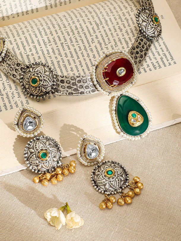 Rubans Oxidised Silver-Plated Choker Necklace Set with Ruby, Emerald, Pearl & Gold Beads Jewellery Set