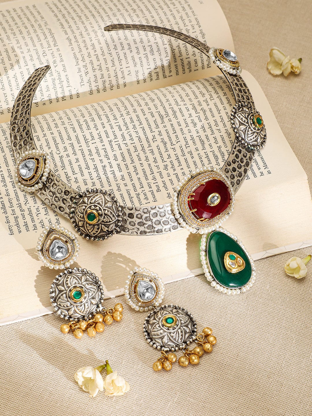 Rubans Oxidised Silver-Plated Choker Necklace Set with Ruby Red, Emerald Green, Pearl & Gold Beads Jewellery Set