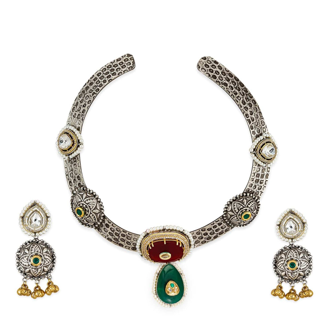 Rubans Oxidised Silver-Plated Choker Necklace Set with Ruby Red, Emerald Green, Pearl & Gold Beads Jewellery Set