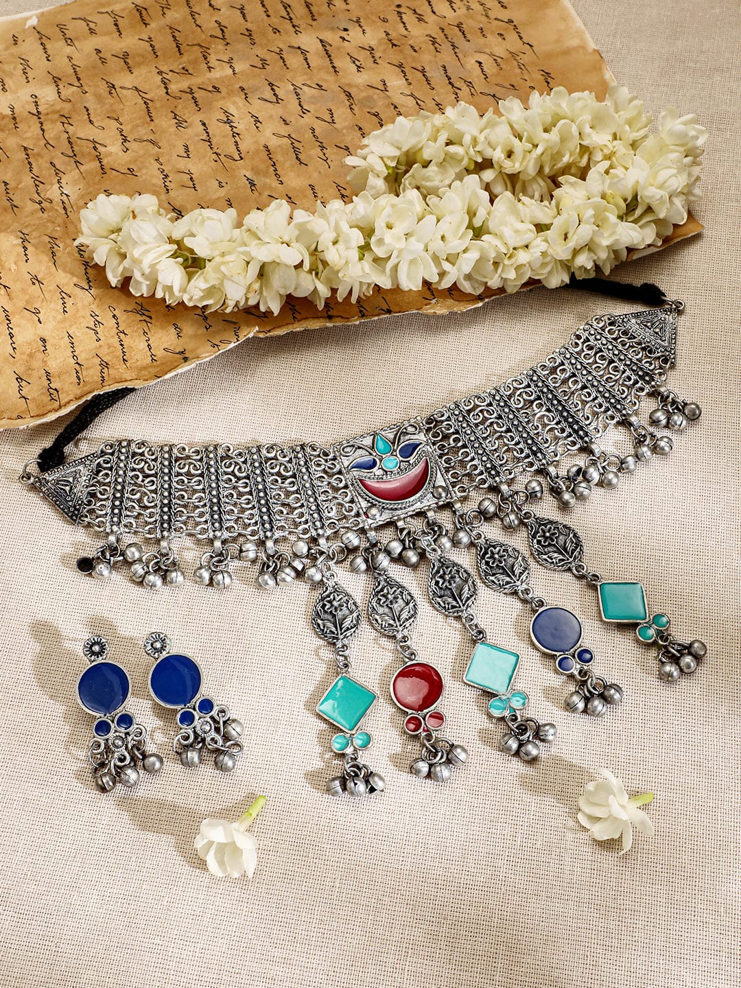 Rubans Oxidised Silver-Plated Choker Necklace Set with Vibrant Blue, Red & Turquoise Accents Jewellery Set