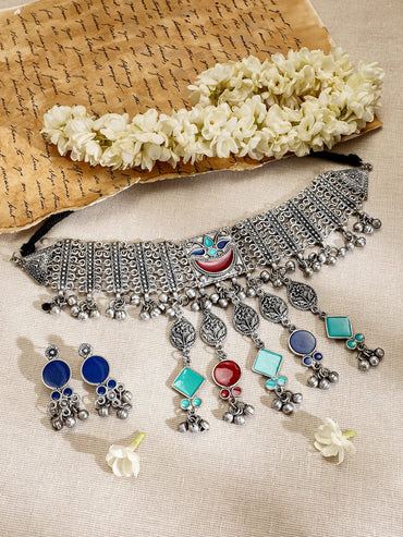 Rubans Oxidised Silver-Plated Choker Necklace Set with Vibrant Blue, Red & Turquoise Accents Jewellery Set