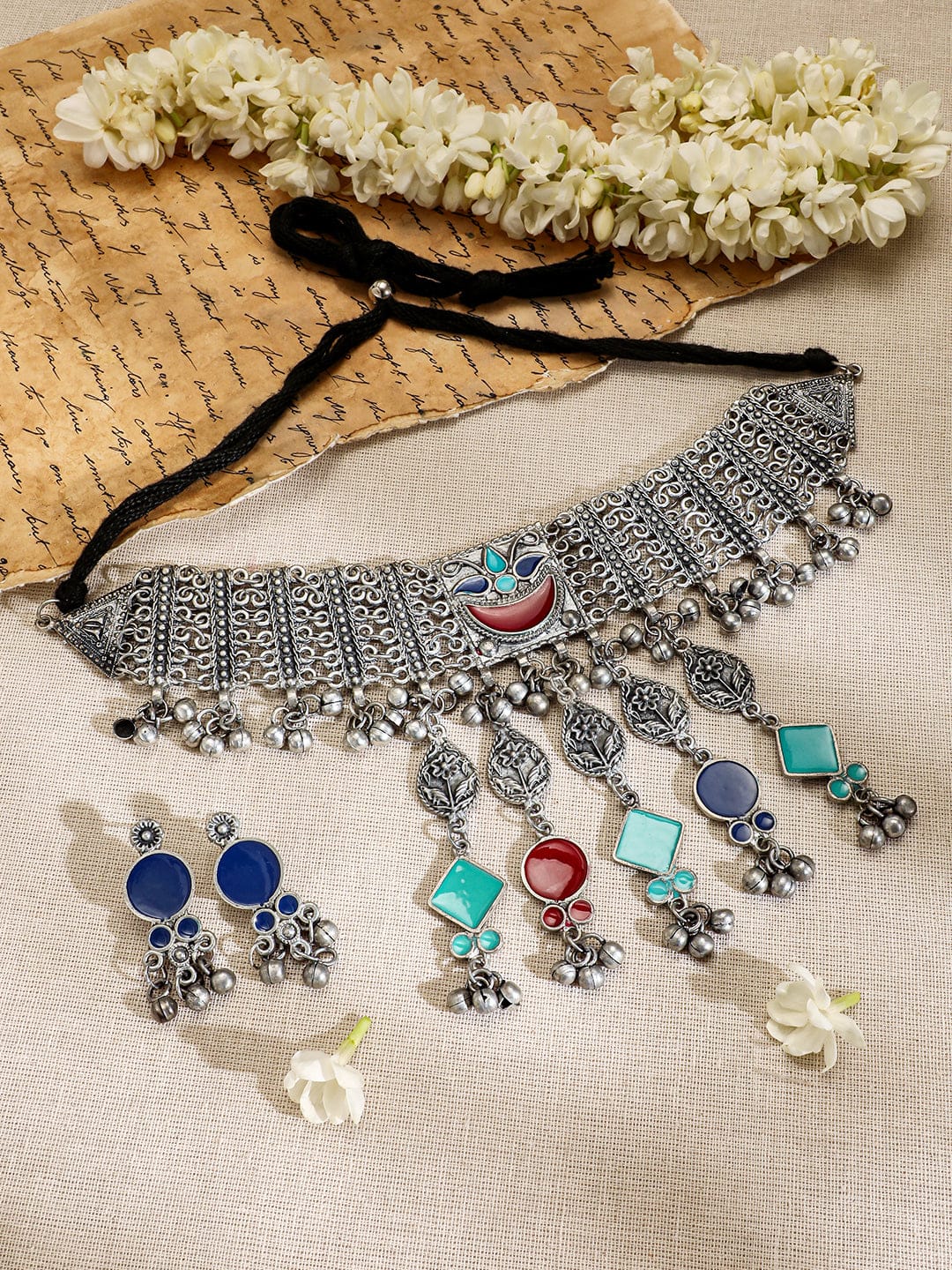 Rubans Oxidised Silver-Plated Choker Necklace Set with Vibrant Blue, Red & Turquoise Accents Jewellery Set