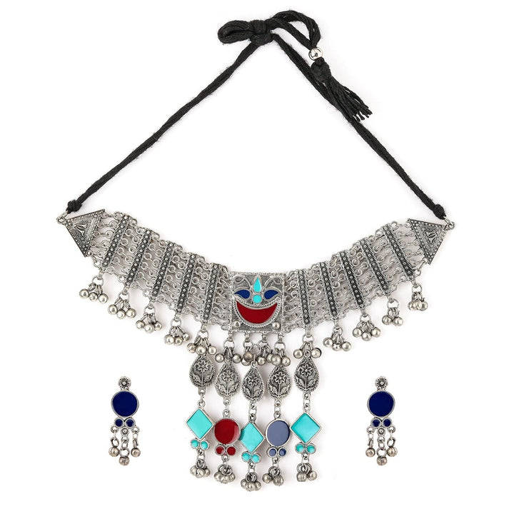 Rubans Oxidised Silver-Plated Choker Necklace Set with Vibrant Blue, Red & Turquoise Accents Jewellery Set