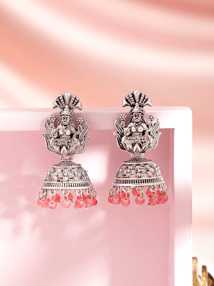 Rubans Oxidised Silver-Plated Coral Pink Beaded Goddess Laxmi Design Dome Shaped Jhumkas Earrings