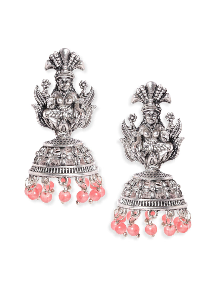 Rubans Oxidised Silver-Plated Coral Pink Beaded Goddess Laxmi Design Dome Shaped Jhumkas Earrings