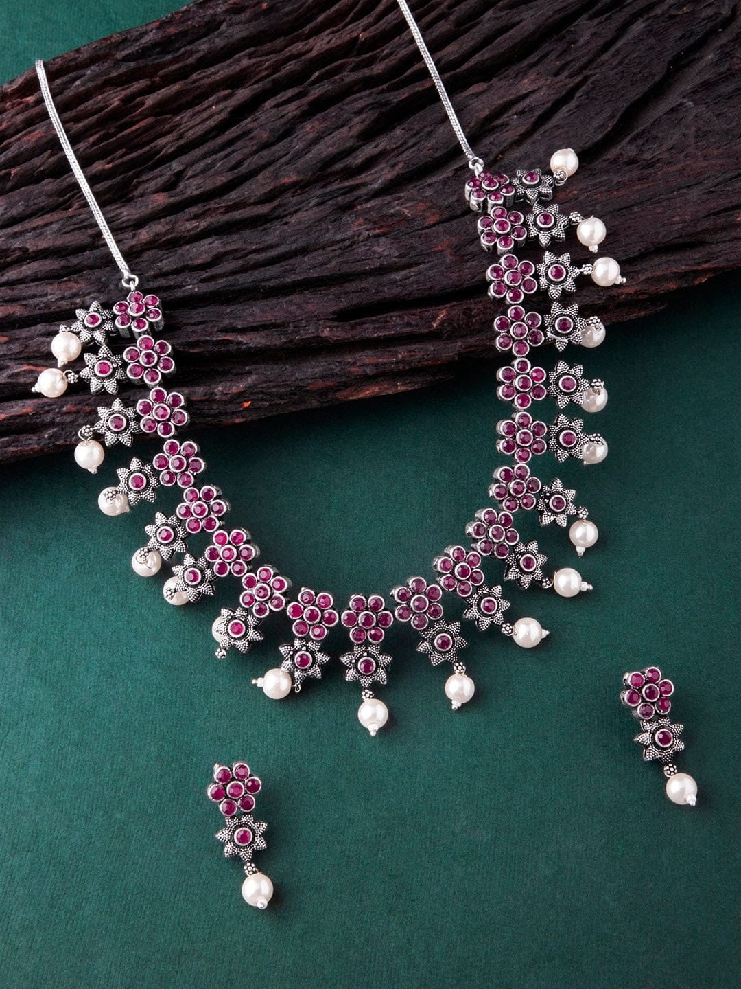 Rubans Oxidised Silver Plated Embellished With Faux Ruby Floral Necklace Set Necklace Set