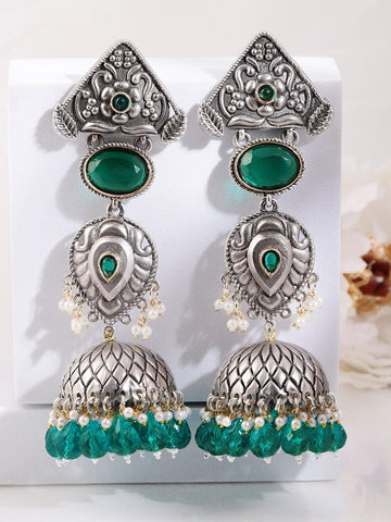 Rubans Oxidised Silver-Plated Emerald Green & Pearl Beaded Long Jhumka Earrings for Women Earrings