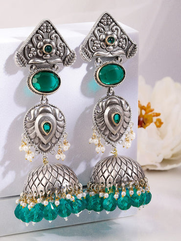 Rubans Oxidised Silver-Plated Emerald Green & Pearl Beaded Long Jhumka Earrings for Women Earrings
