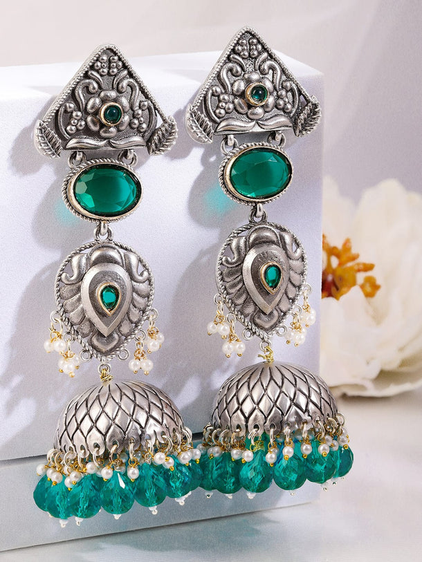 Rubans Oxidised Silver-Plated Emerald Green & Pearl Beaded Long Jhumka Earrings for Women Earrings